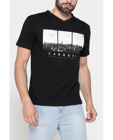 T-SHIRT SCOLLO A V CORTO, CON STAMPA. IN  JERSEY   FIAMMATO DI COTONE