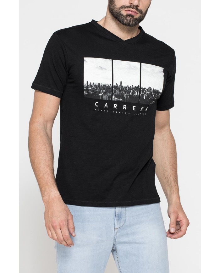 T-SHIRT SCOLLO A V CORTO, CON STAMPA. IN  JERSEY   FIAMMATO DI COTONE