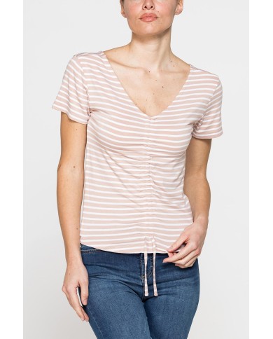 T SHIRT CON COLLO A V E ARRICIATURE IN JERSEY DI VISCOSA