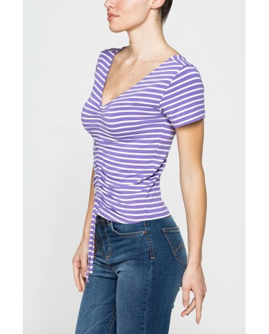 T SHIRT CON COLLO A V E ARRICIATURE IN JERSEY DI VISCOSA