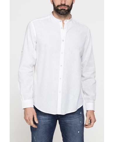 CAMICIA COREANA IN MISTO LINO COTONE TINTA UNITA