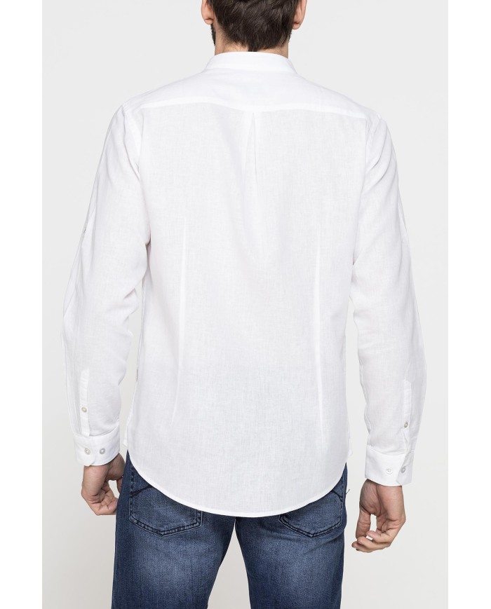 CAMICIA COREANA IN MISTO LINO COTONE TINTA UNITA