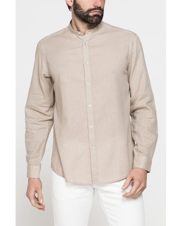 CAMICIA COREANA IN MISTO LINO COTONE TINTA UNITA