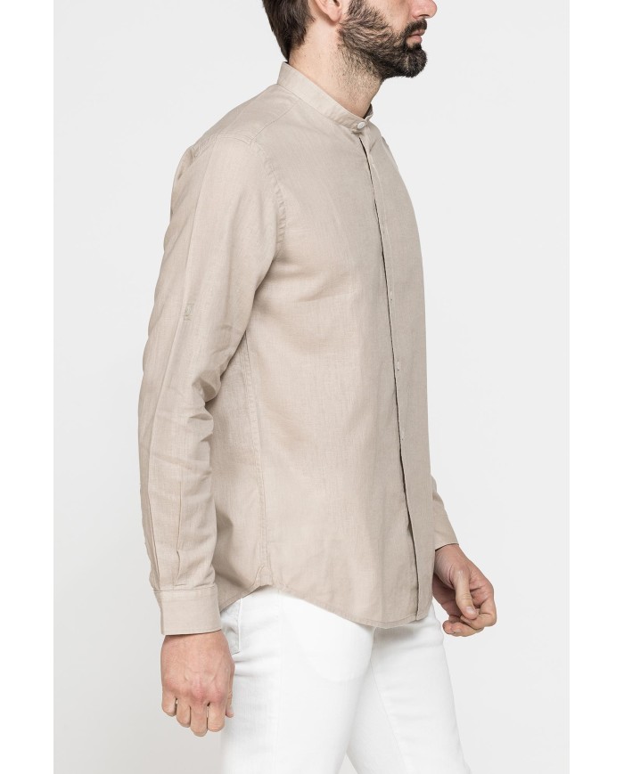 CAMICIA COREANA IN MISTO LINO COTONE TINTA UNITA