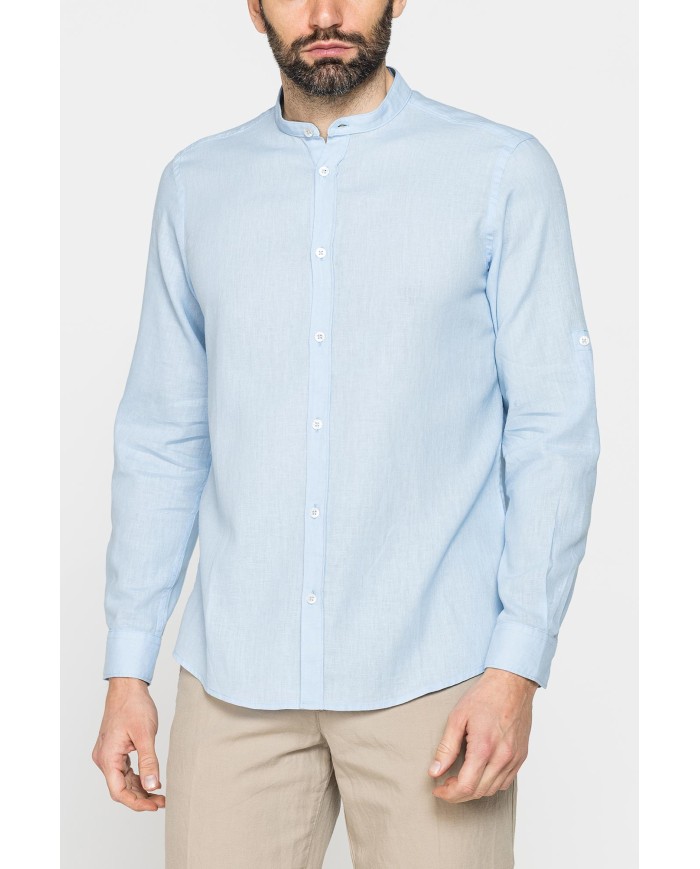 CAMICIA COREANA IN MISTO LINO COTONE TINTA UNITA