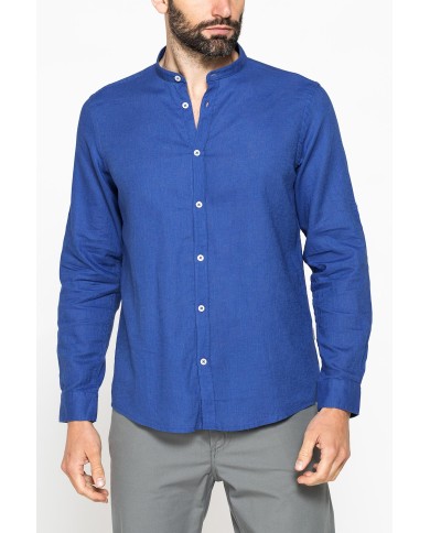 CAMICIA COREANA IN MISTO LINO COTONE TINTA UNITA