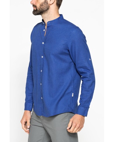 CAMICIA COREANA IN MISTO LINO COTONE TINTA UNITA