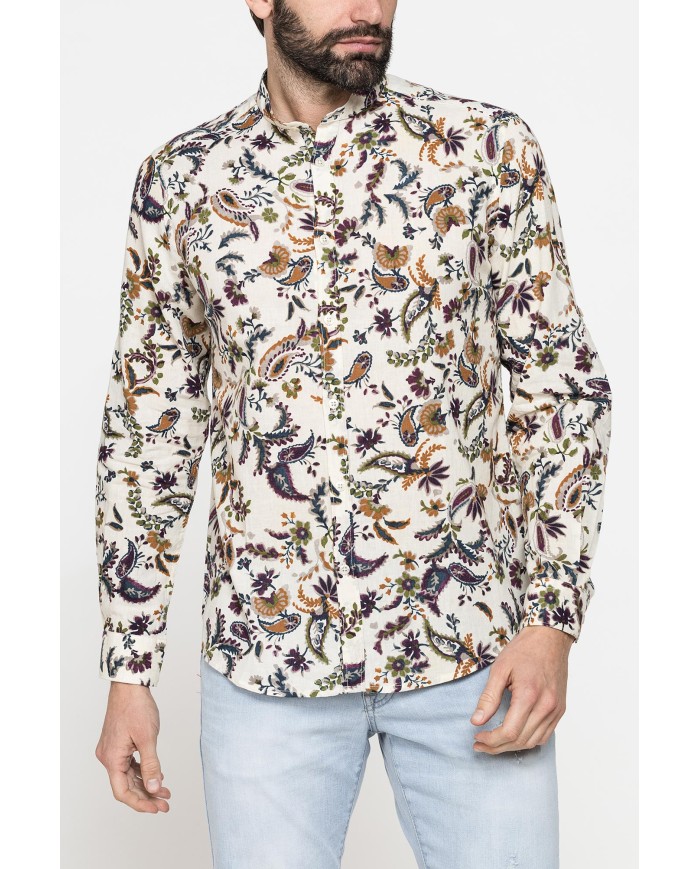 CAMICIA COREANA IN LINO COTONE STAMPATO