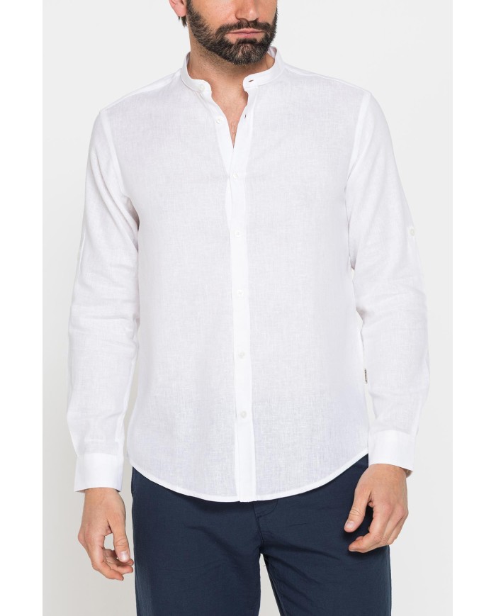 CAMICIA COREANA IN MISTO LINO E LYOCELL A TINTA UNITA