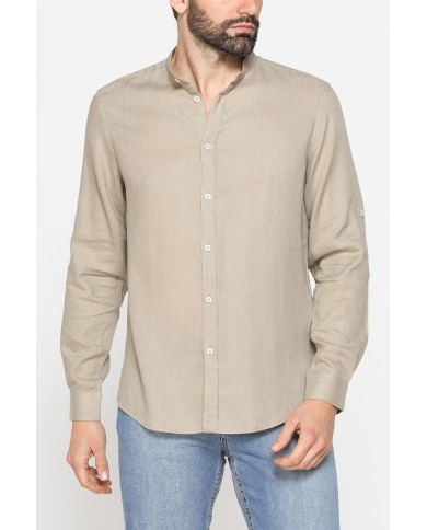 CAMICIA COREANA IN MISTO LINO E LYOCELL A TINTA UNITA