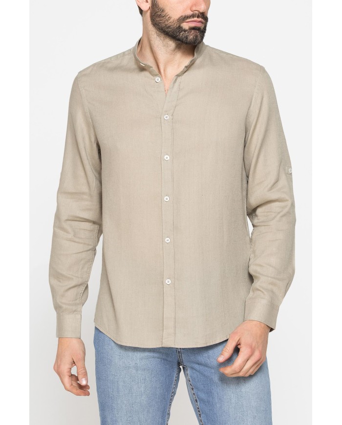 CAMICIA COREANA IN MISTO LINO E LYOCELL A TINTA UNITA