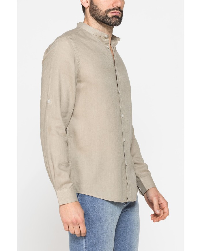 CAMICIA COREANA IN MISTO LINO E LYOCELL A TINTA UNITA