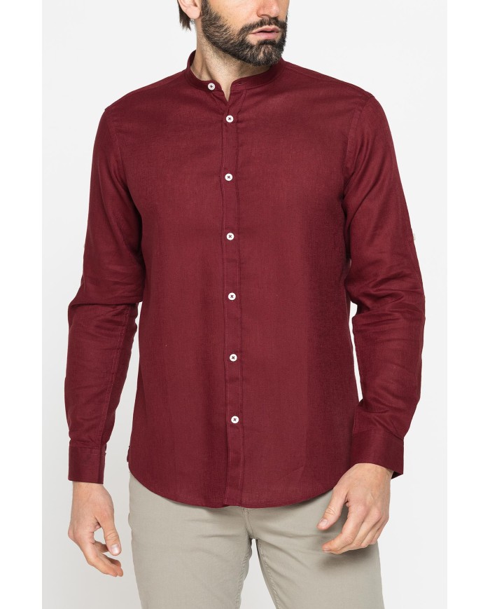 CAMICIA COREANA IN MISTO LINO E LYOCELL A TINTA UNITA