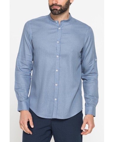 CAMICIA COREANA IN MISTO LINO E LYOCELL A TINTA UNITA