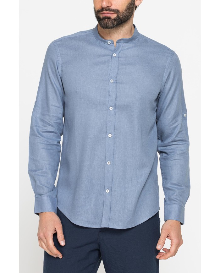 CAMICIA COREANA IN MISTO LINO E LYOCELL A TINTA UNITA