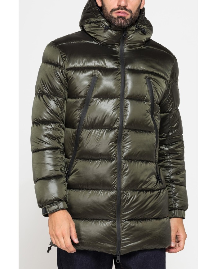 PARKA CON CAPPUCCIO GRANDI ZIP LATERALI IN NYLON LUCIDO