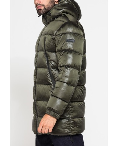 PARKA CON CAPPUCCIO GRANDI ZIP LATERALI IN NYLON LUCIDO