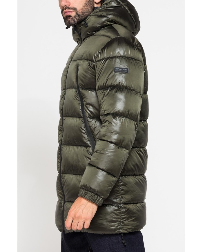 PARKA CON CAPPUCCIO GRANDI ZIP LATERALI IN NYLON LUCIDO