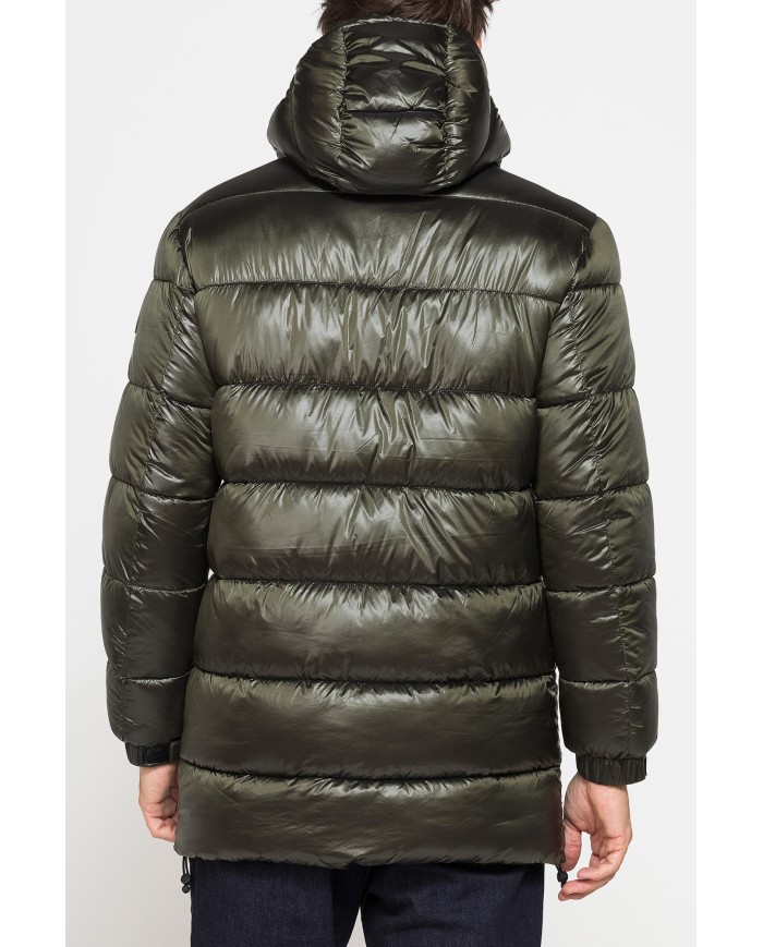 PARKA CON CAPPUCCIO GRANDI ZIP LATERALI IN NYLON LUCIDO