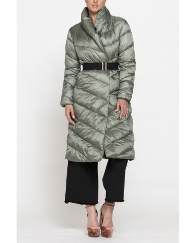 PIUMINO LUNGO CON CINTURA IN VITA, TESSUTO RESISTENTE ALL’ACQUA