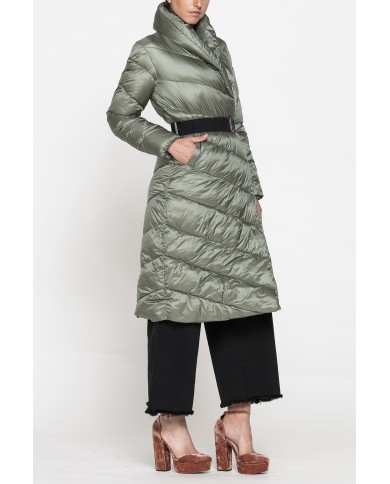 PIUMINO LUNGO CON CINTURA IN VITA, TESSUTO RESISTENTE ALL’ACQUA