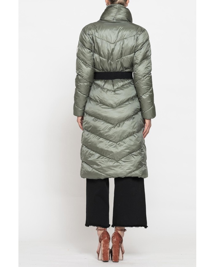 PIUMINO LUNGO CON CINTURA IN VITA, TESSUTO RESISTENTE ALL’ACQUA