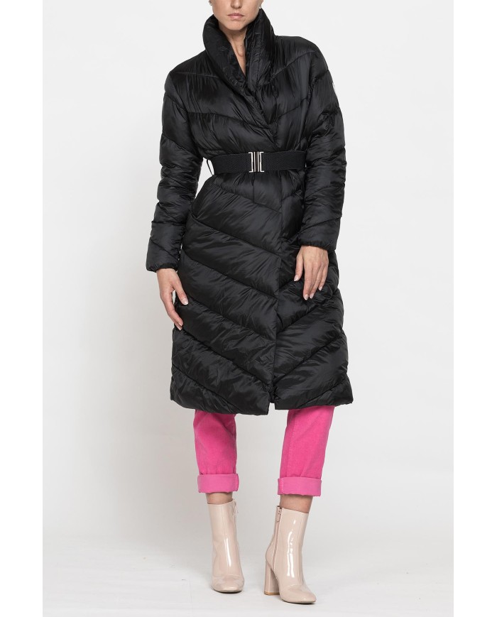 PIUMINO LUNGO CON CINTURA IN VITA, TESSUTO RESISTENTE ALL’ACQUA