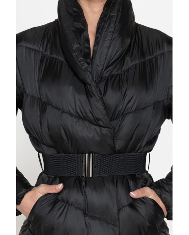 PIUMINO LUNGO CON CINTURA IN VITA, TESSUTO RESISTENTE ALL’ACQUA