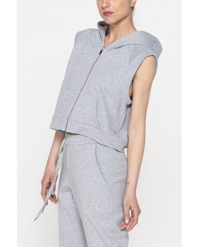 FELPA SMANICATA CORTA CON ZIP E CAPPUCCIO IN FRENCH TERRY