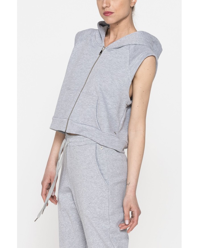 FELPA SMANICATA CORTA CON ZIP E CAPPUCCIO IN FRENCH TERRY