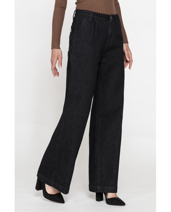 PANTALONE PALAZZO IN DENIM NERO STRETCH