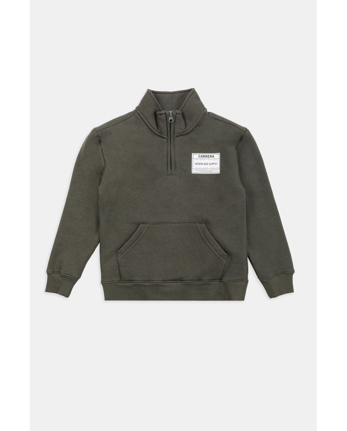 FELPA CON MEZZA ZIP E TASCHE DAVANTI, FELPATA ALL'INTERNO