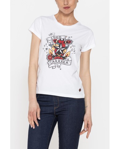 T-SHIRT GIROCOLLO CON STAMPA MODA IN JERSEY DI COTONE