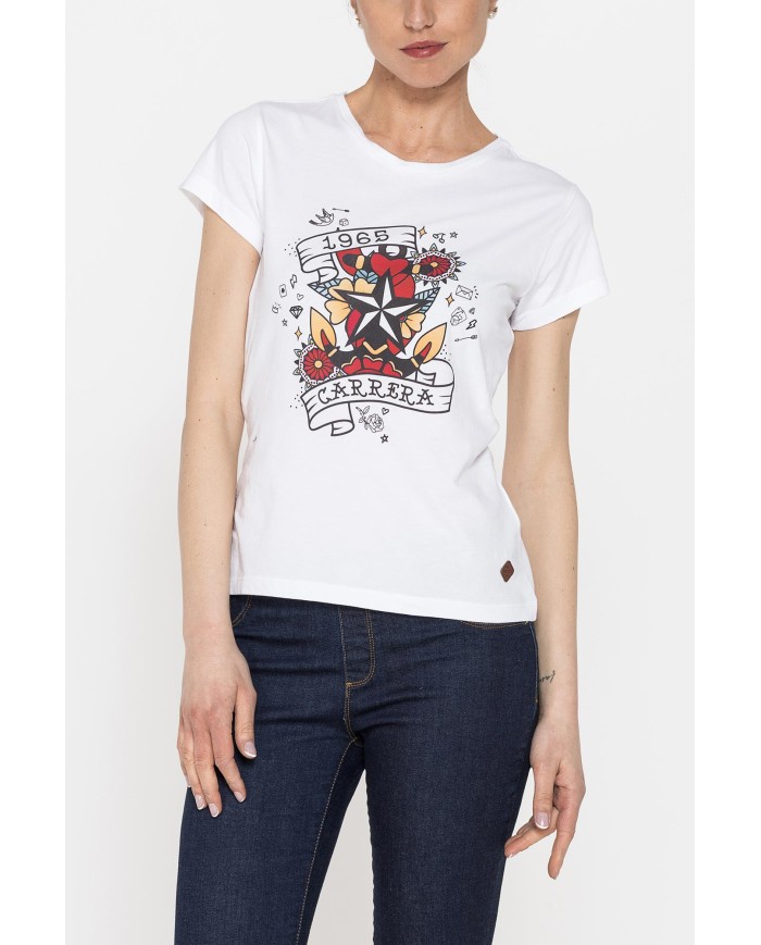 T-SHIRT GIROCOLLO CON STAMPA MODA IN JERSEY DI COTONE