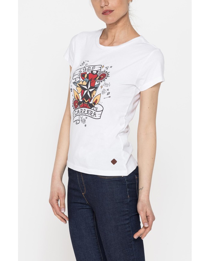 T-SHIRT GIROCOLLO CON STAMPA MODA IN JERSEY DI COTONE