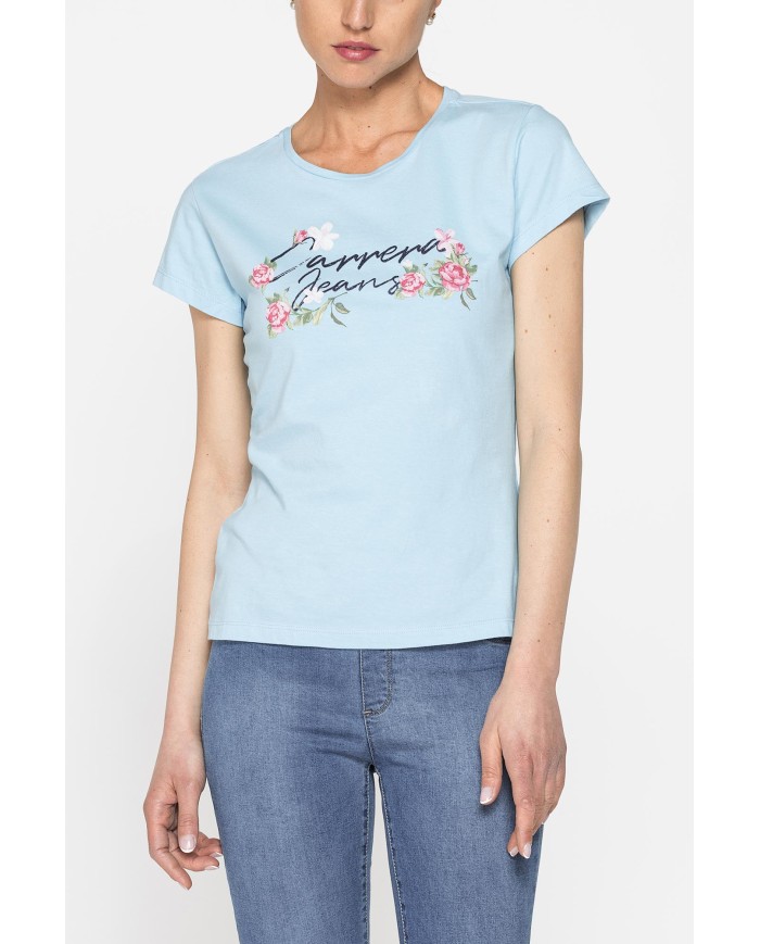 T-SHIRT GIROCOLLO CON STAMPA MODA IN JERSEY DI COTONE