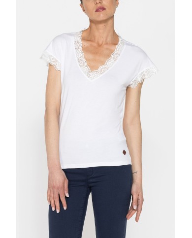 T-SHIRT MANICA CORTA SCOLLO V CON PROFILI IN PIZZO REALIZZATA IN JERSEY STRETCH DI VISCOSA