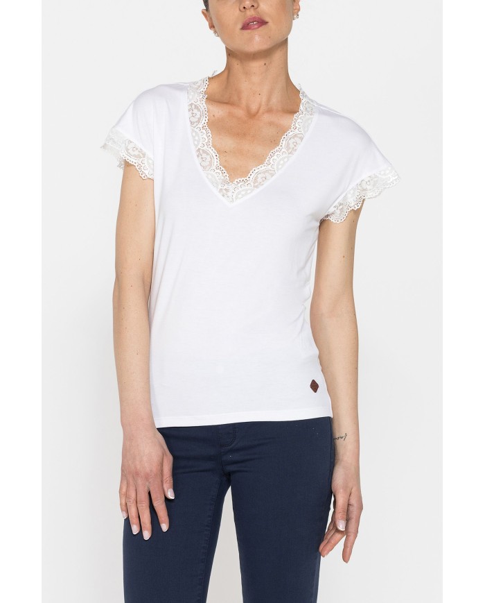 T-SHIRT MANICA CORTA SCOLLO V CON PROFILI IN PIZZO REALIZZATA IN JERSEY STRETCH DI VISCOSA