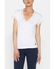 T-SHIRT MANICA CORTA SCOLLO V CON PROFILI IN PIZZO REALIZZATA IN JERSEY STRETCH DI VISCOSA
