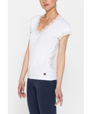 T-SHIRT MANICA CORTA SCOLLO V CON PROFILI IN PIZZO REALIZZATA IN JERSEY STRETCH DI VISCOSA