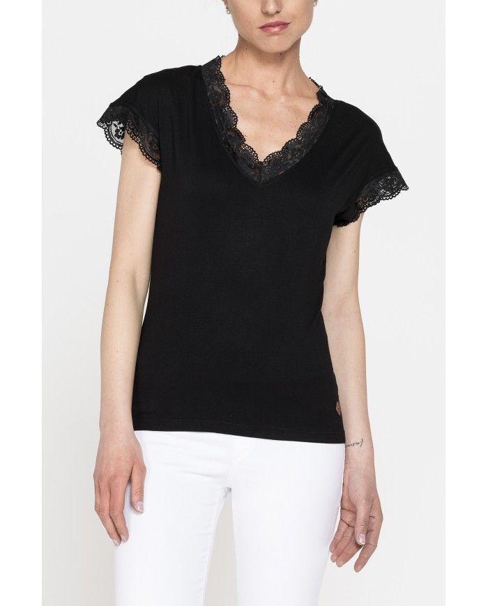 T-SHIRT MANICA CORTA SCOLLO V CON PROFILI IN PIZZO REALIZZATA IN JERSEY STRETCH DI VISCOSA