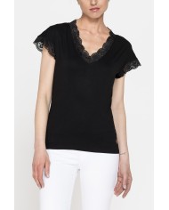 T-SHIRT MANICA CORTA SCOLLO V CON PROFILI IN PIZZO REALIZZATA IN JERSEY STRETCH DI VISCOSA