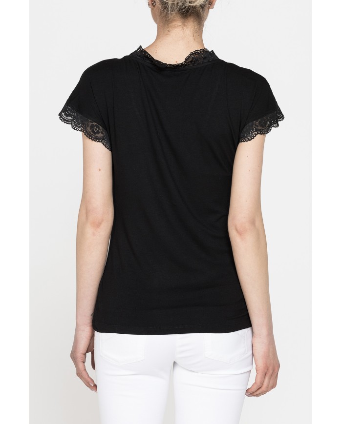T-SHIRT MANICA CORTA SCOLLO V CON PROFILI IN PIZZO REALIZZATA IN JERSEY STRETCH DI VISCOSA